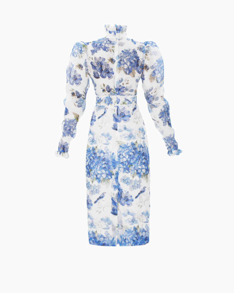 Платье ROSE MIDI, принт синие гортензии
